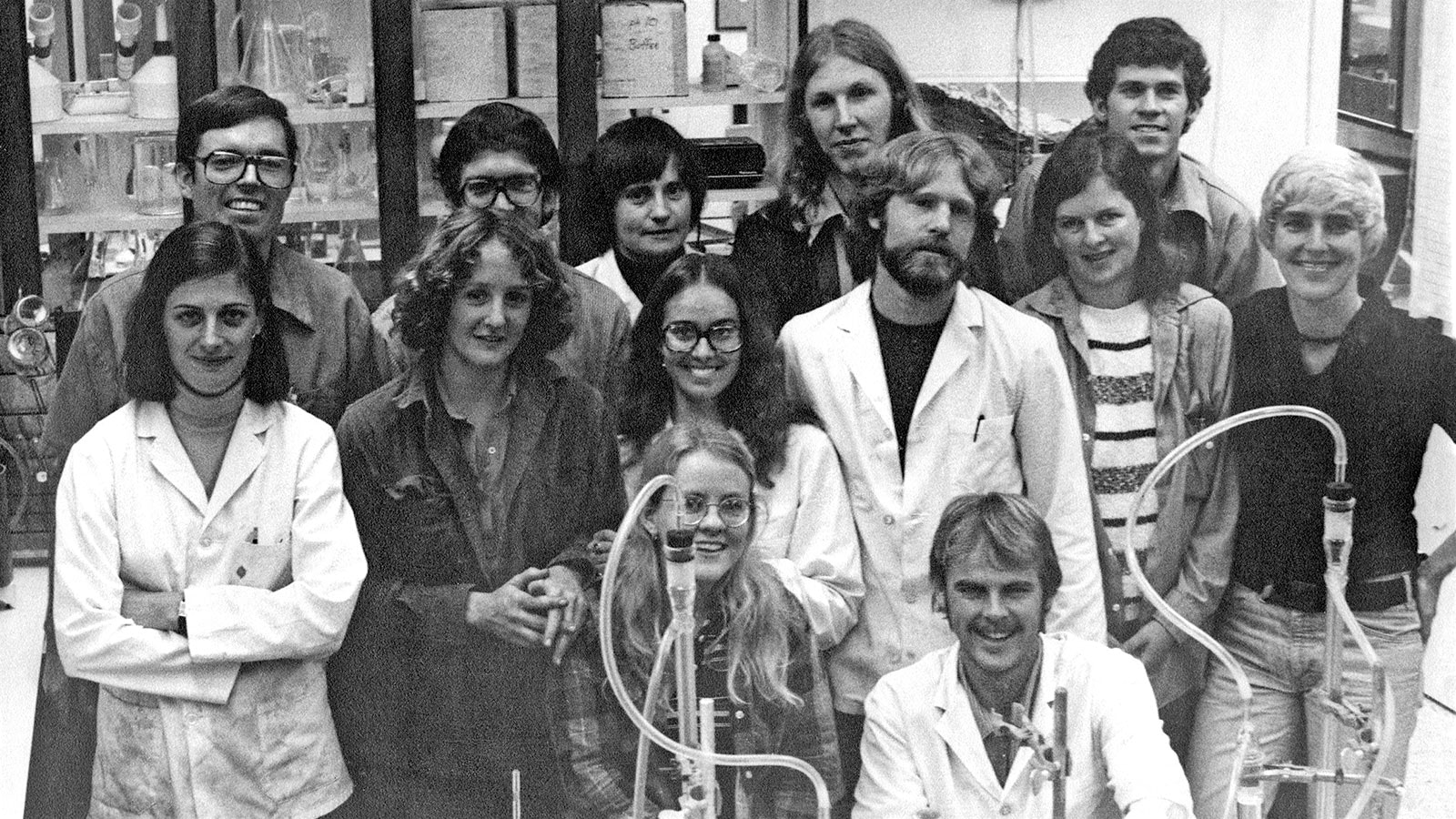 Winemaker Zelma Long’s young enology team in the lab in 1975.